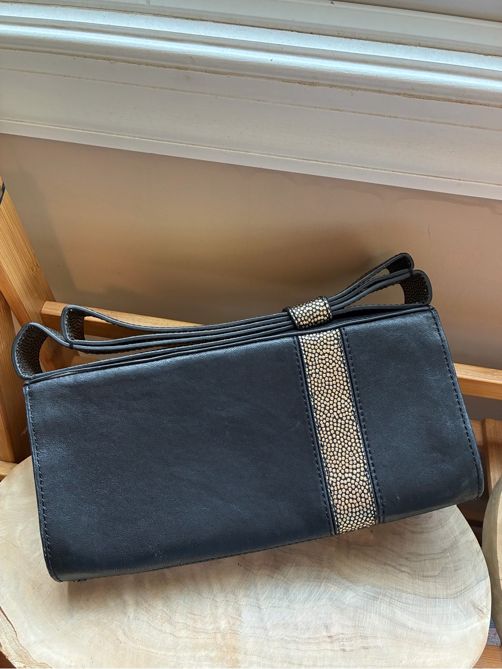 Zac Posen Black Gold Clutch Purse Envelope Handbag Leather Magnetic Bow Bag